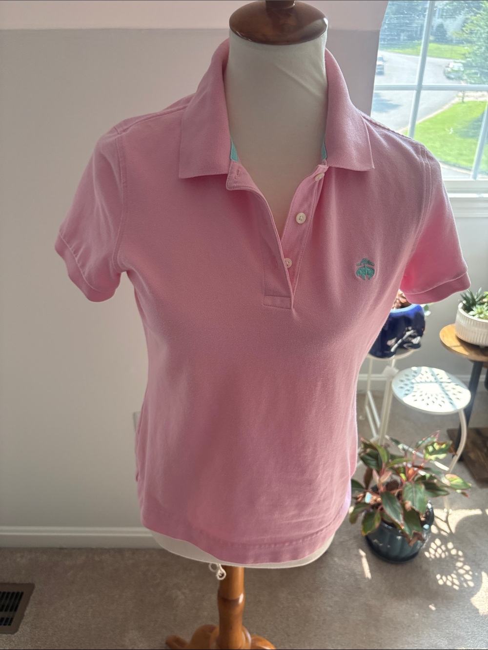 Brooks Brothers Pink Short Sleeve Polo with Teal Chest Emblem
